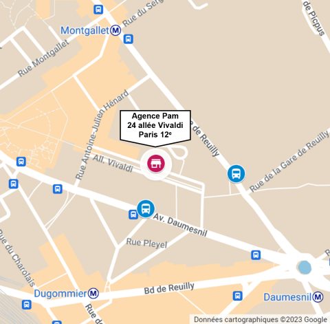 plan d'accès de l'agence commerciale pam située 24 allée vivaldi, Paris 12ème arrondissement