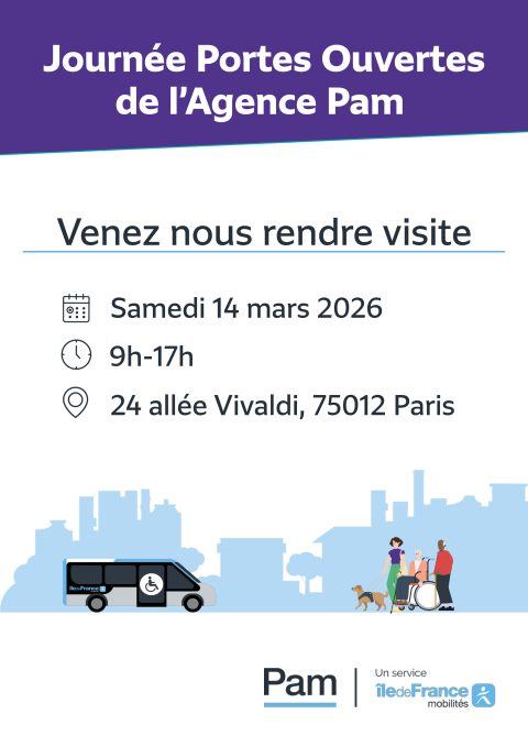 Le visuel qui accompagne l'article est l'affiche de la Journée Portes Ouvertes de l'agence Pam francilien. En haut de l'affiche, il est écrit : Venez nous rendre visite. En dessous : le jour, l'heure et l'adresse de cet évènement sont précisés. A savoir : samedi 14 mars 2026, de 9h à 17h, 24 allée Vivaldi 75012 Paris.